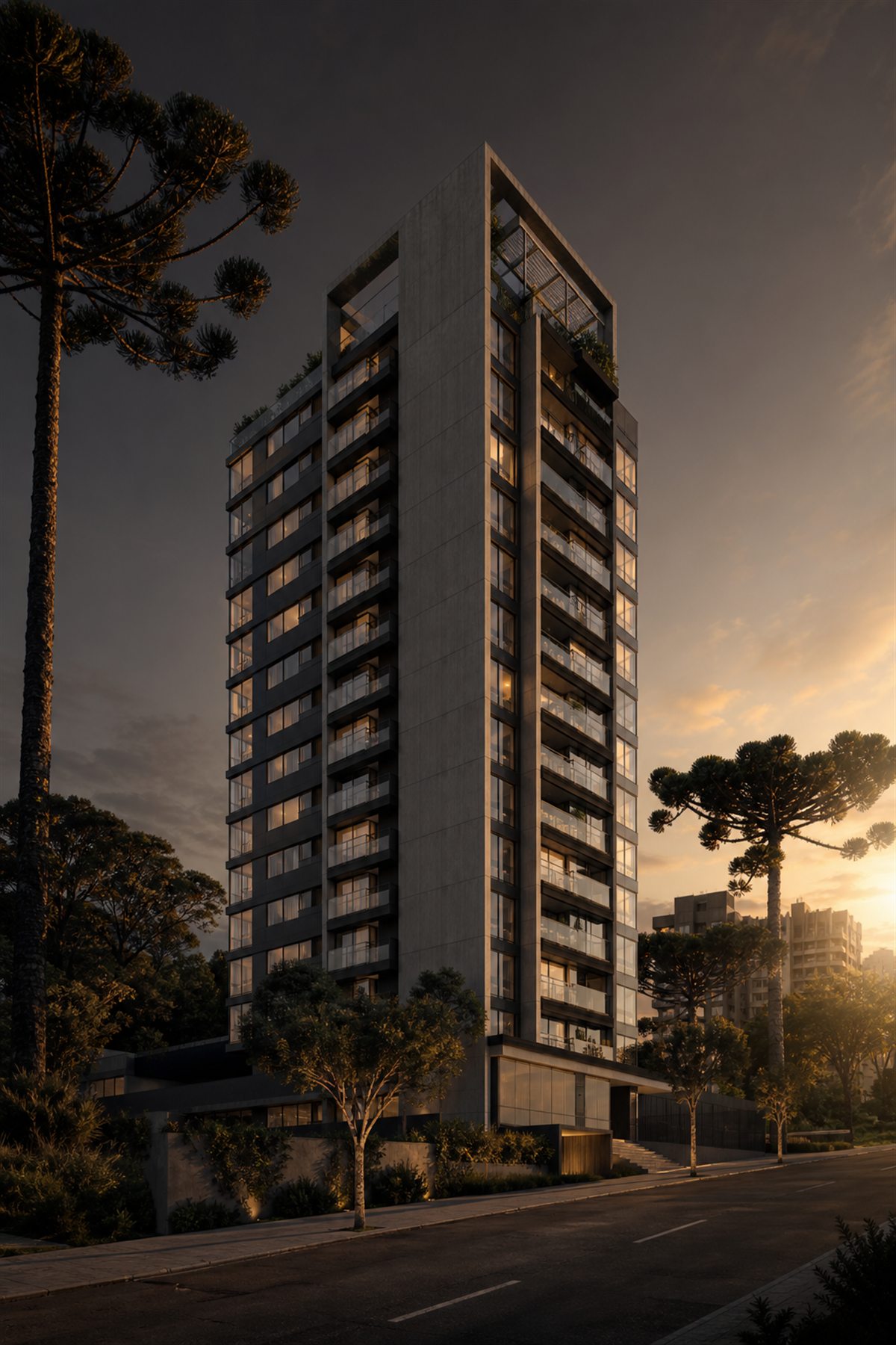 Edifício residencial contemporâneo entre araucárias em Curitiba